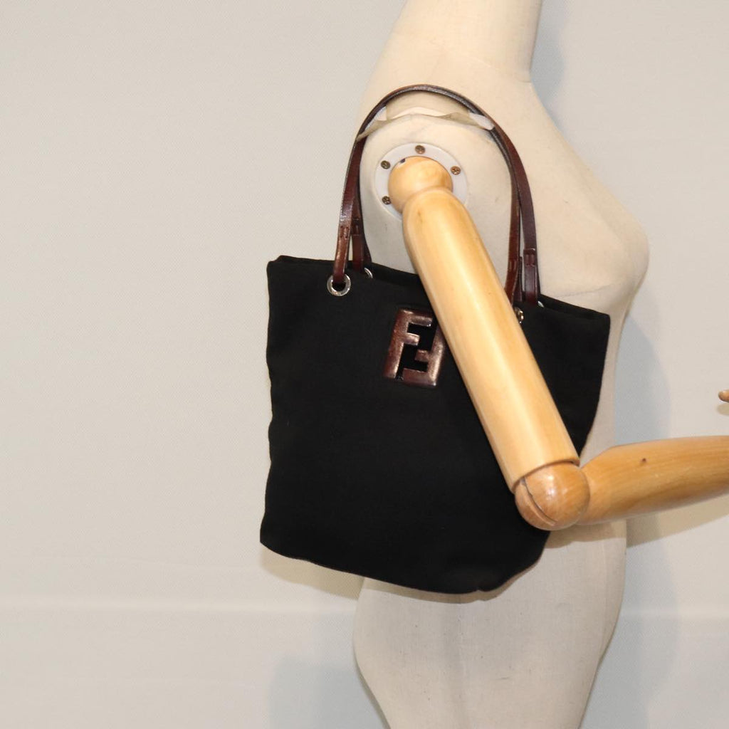 FENDI Hand Bag Wool Leather Black Brown Silver ep5859