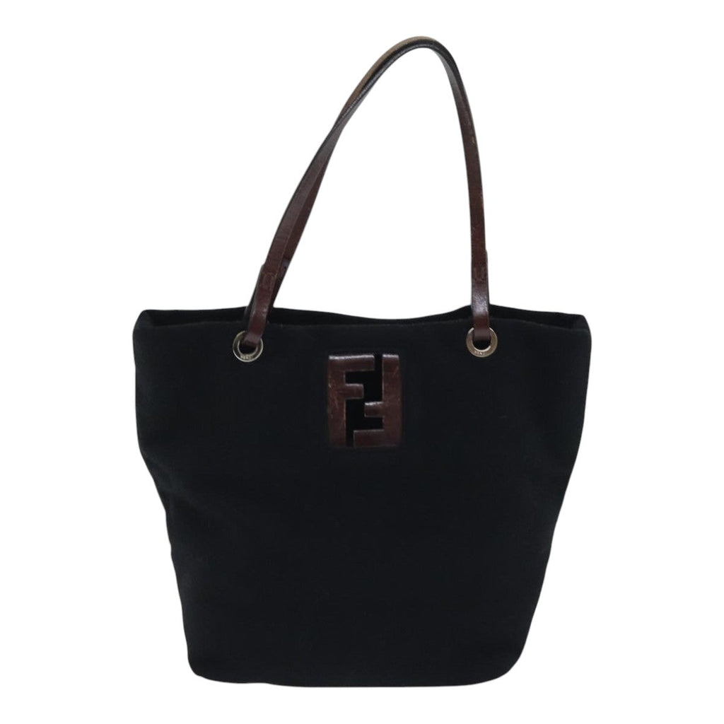 FENDI Hand Bag Wool Leather Black Brown Silver ep5859