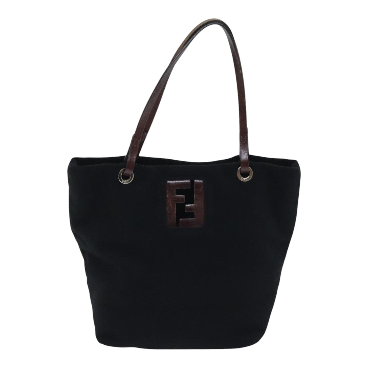 FENDI Hand Bag Wool Leather Black Brown Silver ep5859
