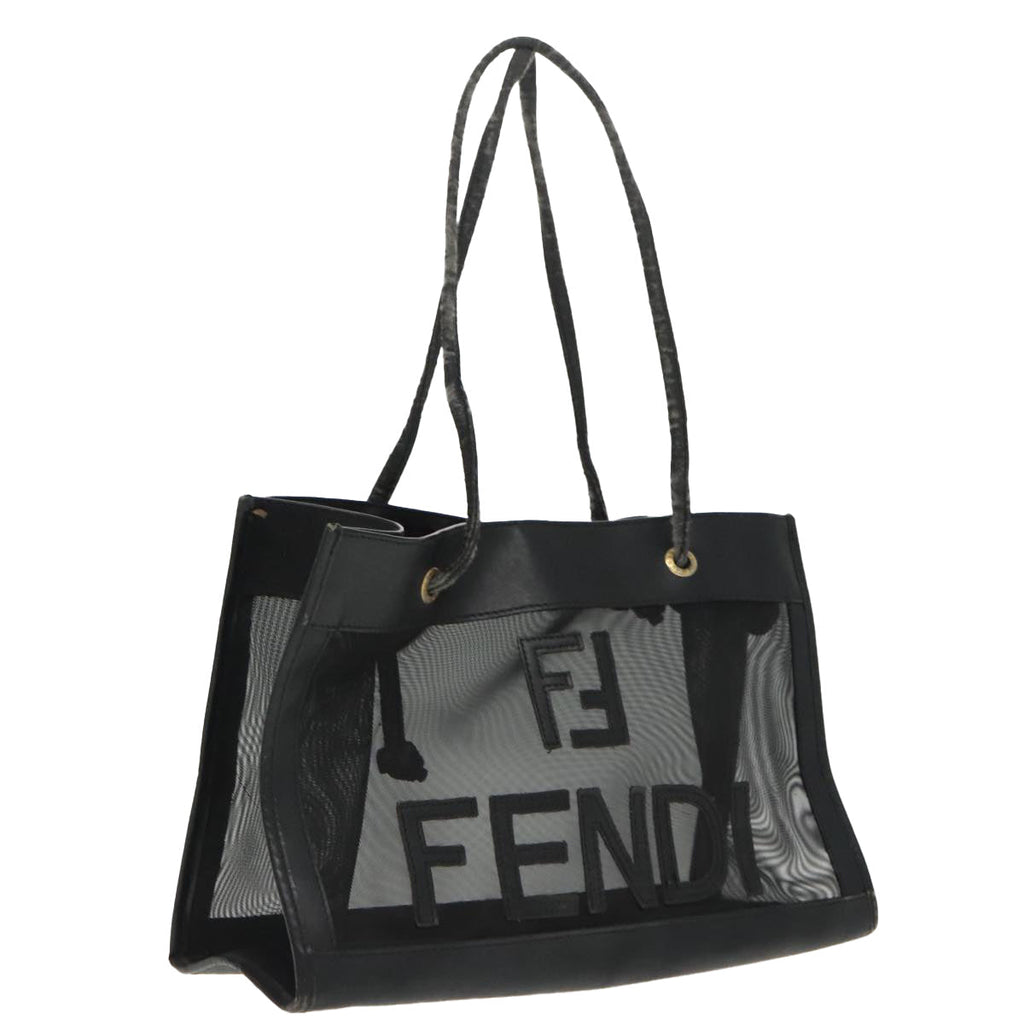 FENDI Mesh Tote Bag Leather Black ep6207