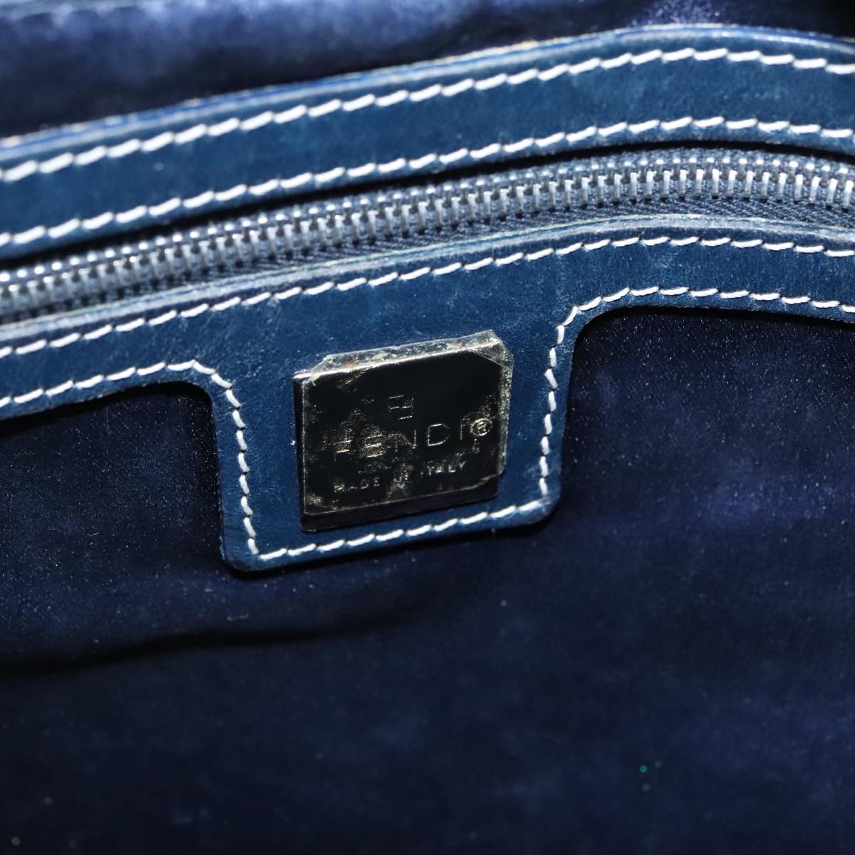 FENDI Zucchino Canvas Mamma Baguette Shoulder Bag Navy Silver ep6224