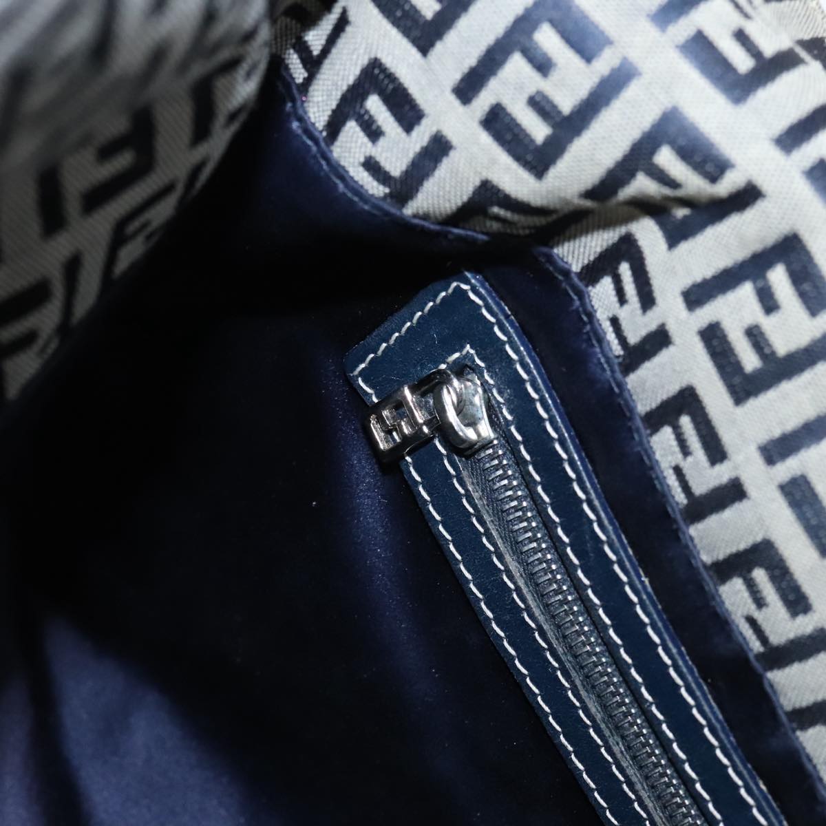 FENDI Zucchino Canvas Mamma Baguette Shoulder Bag Navy Silver ep6224