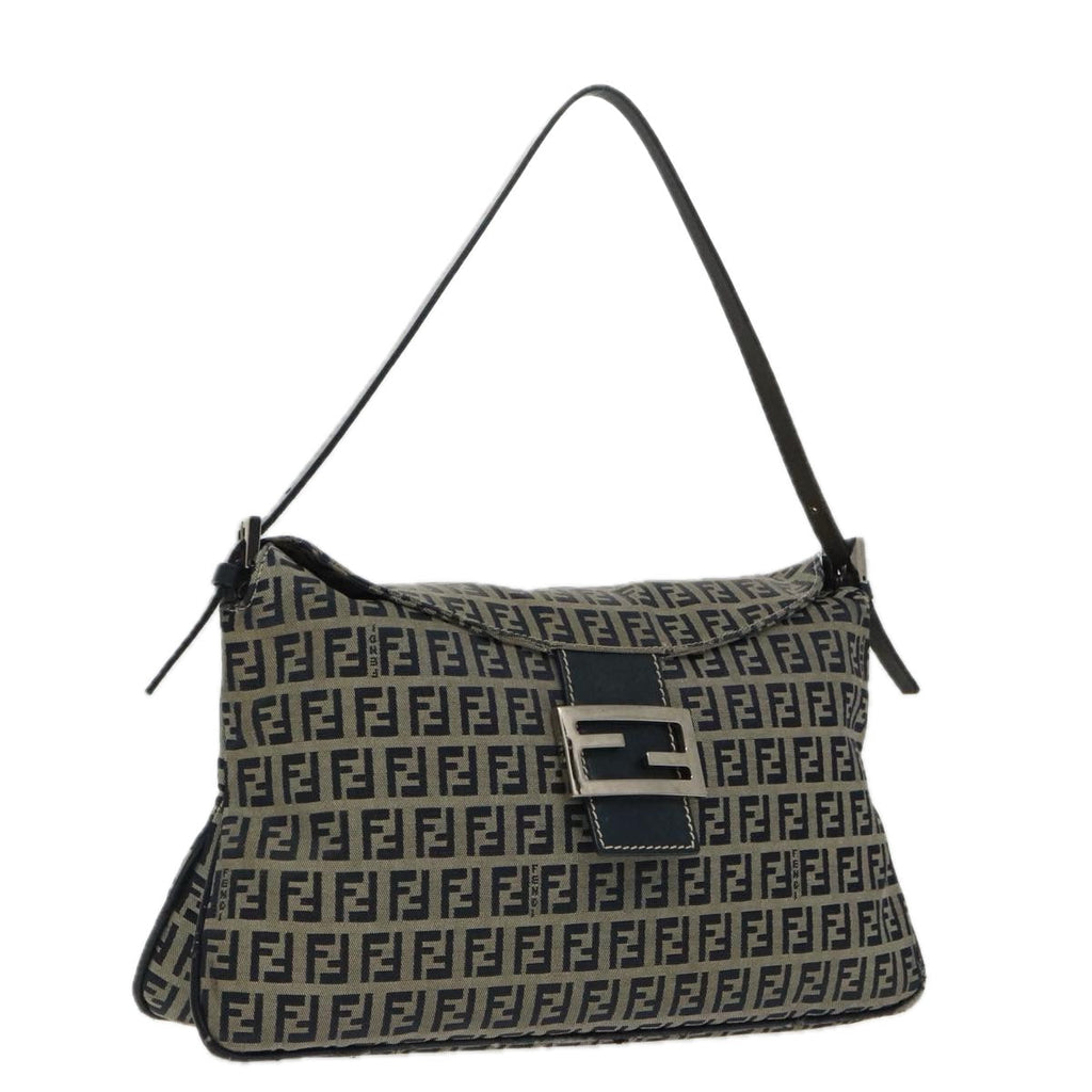 FENDI Zucchino Canvas Mamma Baguette Shoulder Bag Navy Silver ep6224