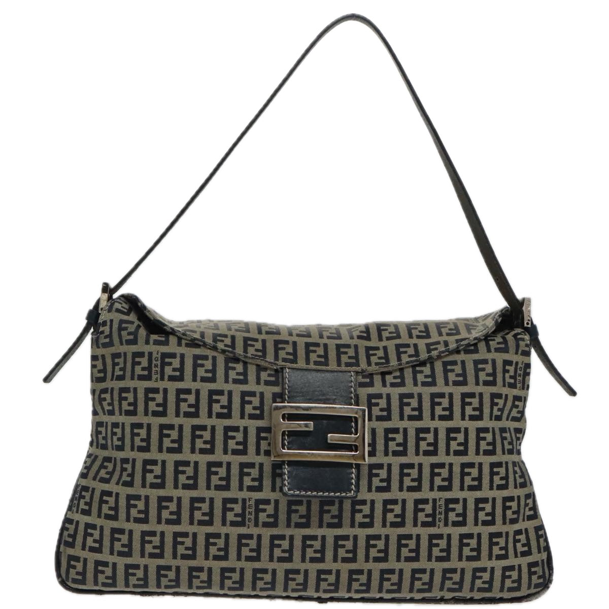 FENDI Zucchino Canvas Mamma Baguette Shoulder Bag Navy Silver ep6224