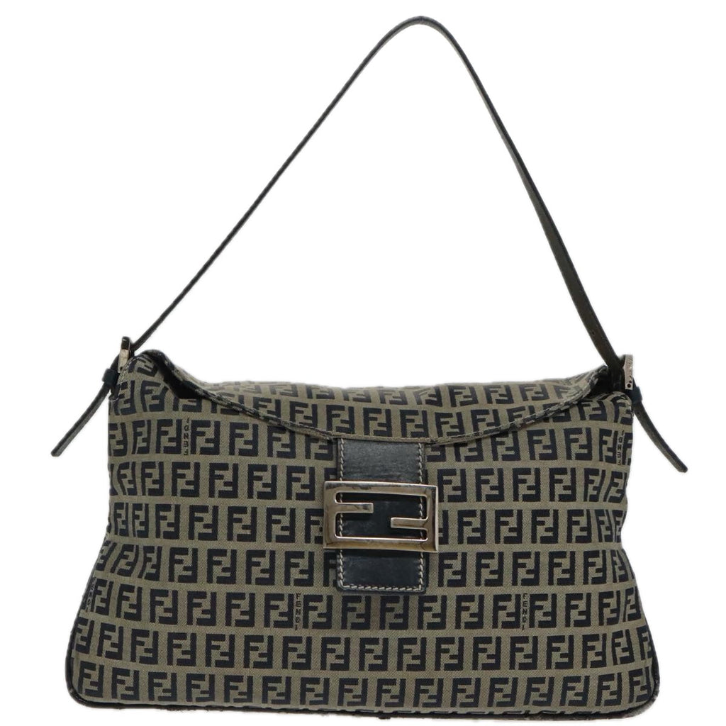 FENDI Zucchino Canvas Mamma Baguette Shoulder Bag Navy Silver ep6224