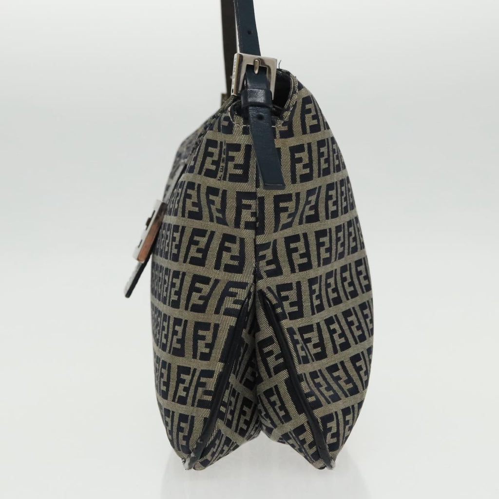 FENDI Zucchino Canvas Mamma Baguette Shoulder Bag Navy Silver ep6224