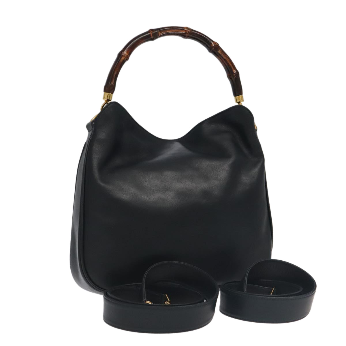 GUCCI Bamboo Hand Bag Leather 2way Black Gold 001 3754 1638 ep6234
