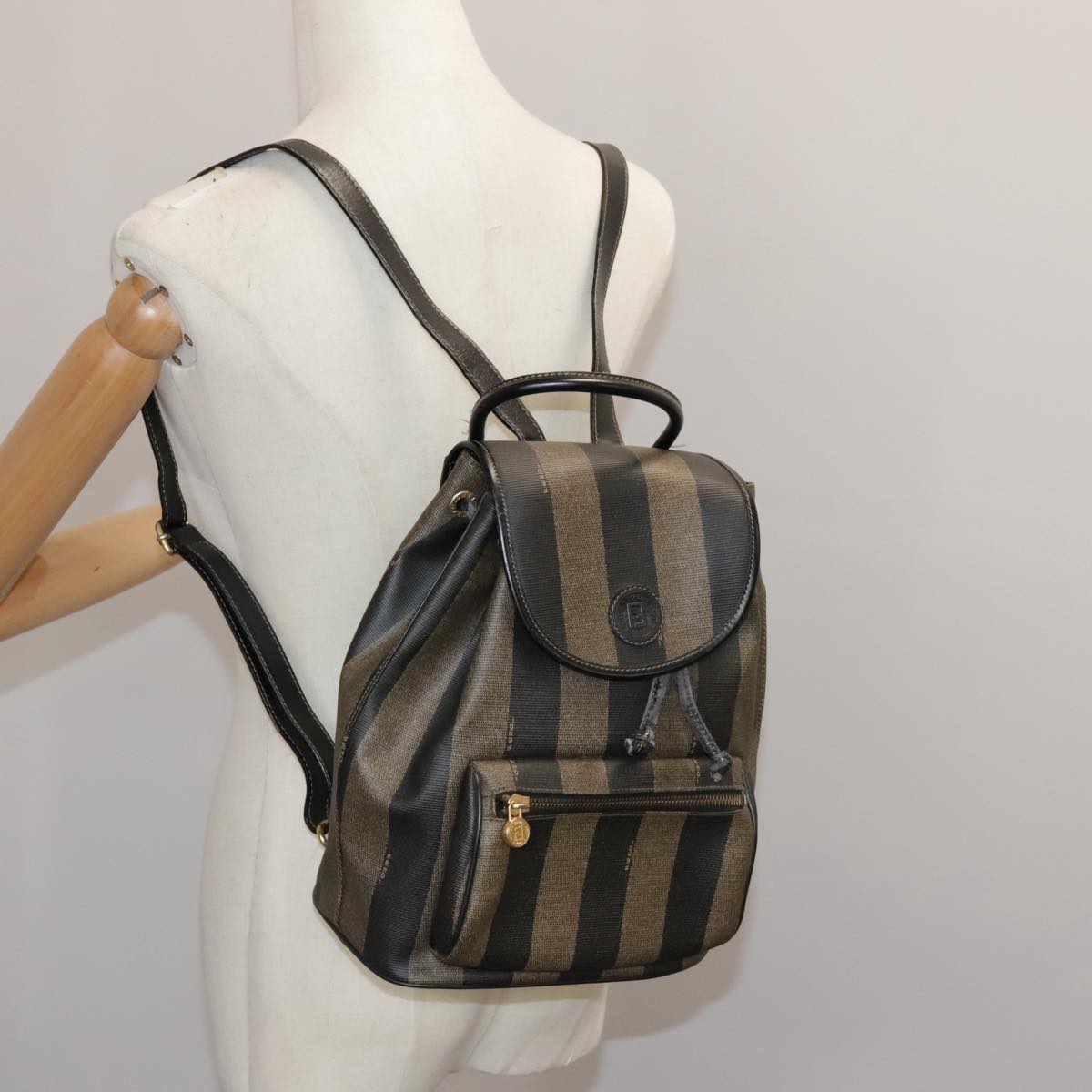 FENDI Pecan Canvas Backpack Brown Black gold ep6248