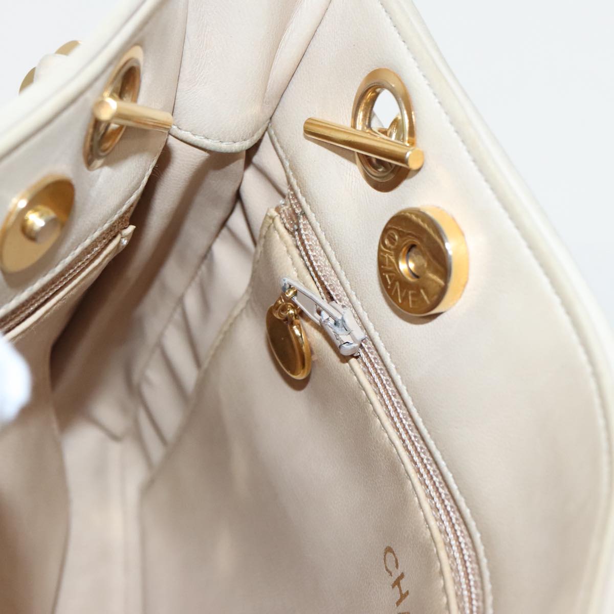 CHANEL Matelasse Chain Shoulder Bag Satin Beige Gold CC ep6261