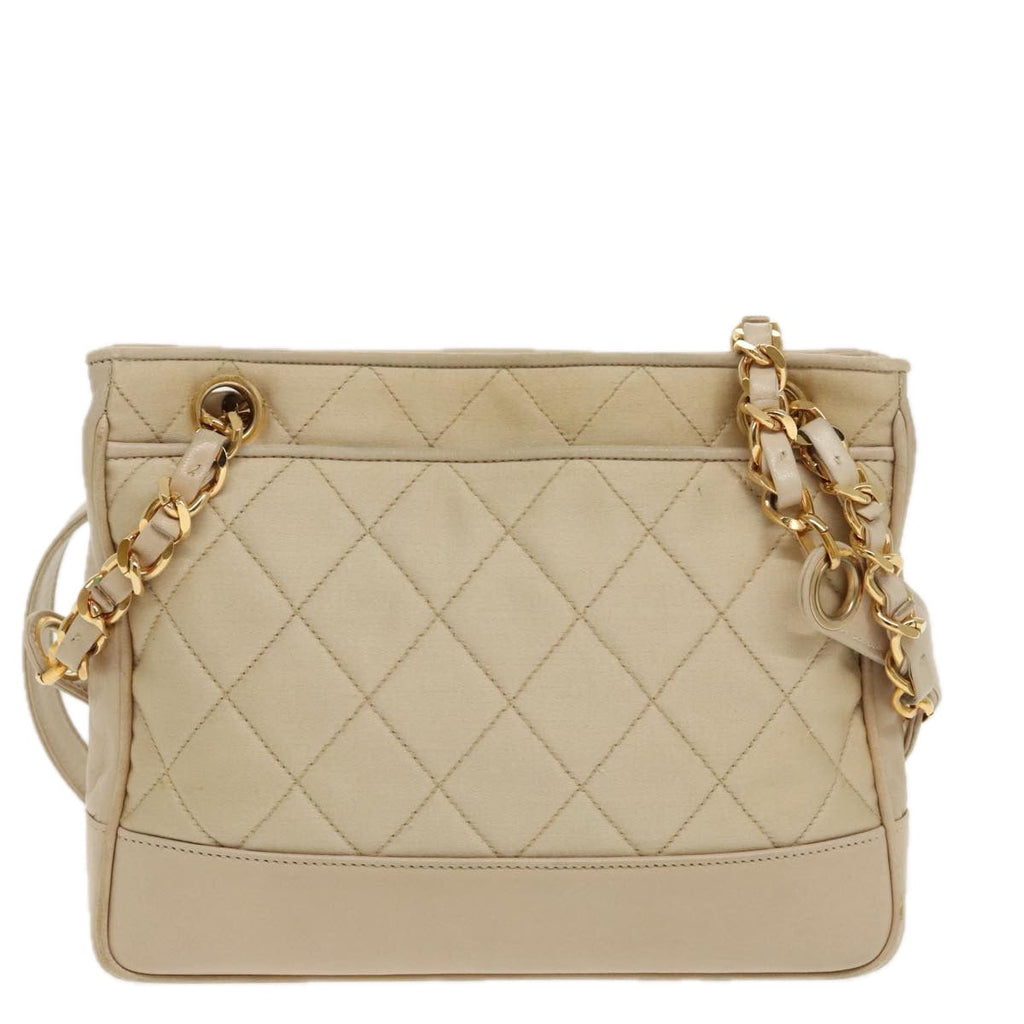 CHANEL Matelasse Chain Shoulder Bag Satin Beige Gold CC ep6261