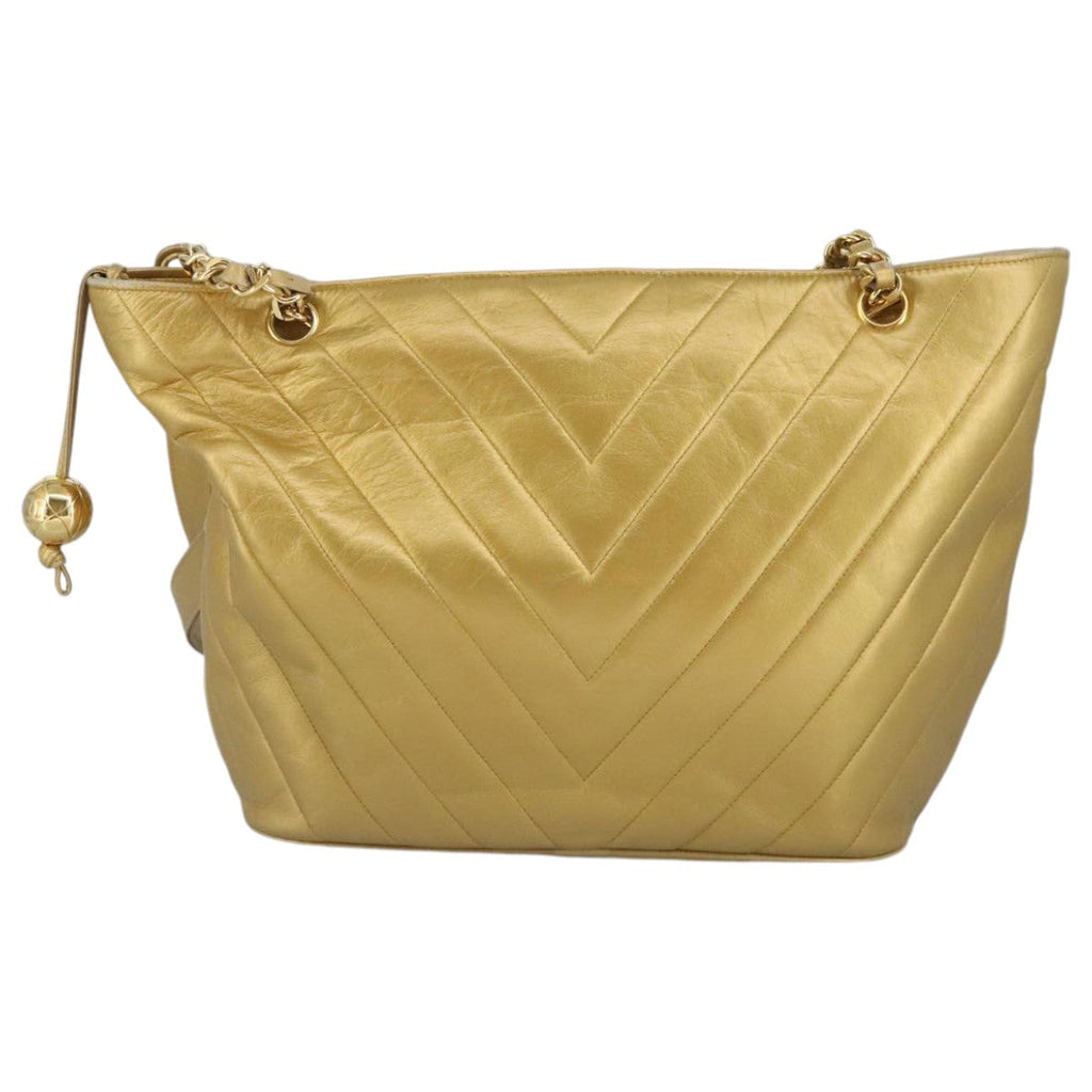 CHANEL V Stitch Chain Tote Bag Lamb Skin Gold Tone CC ep6263