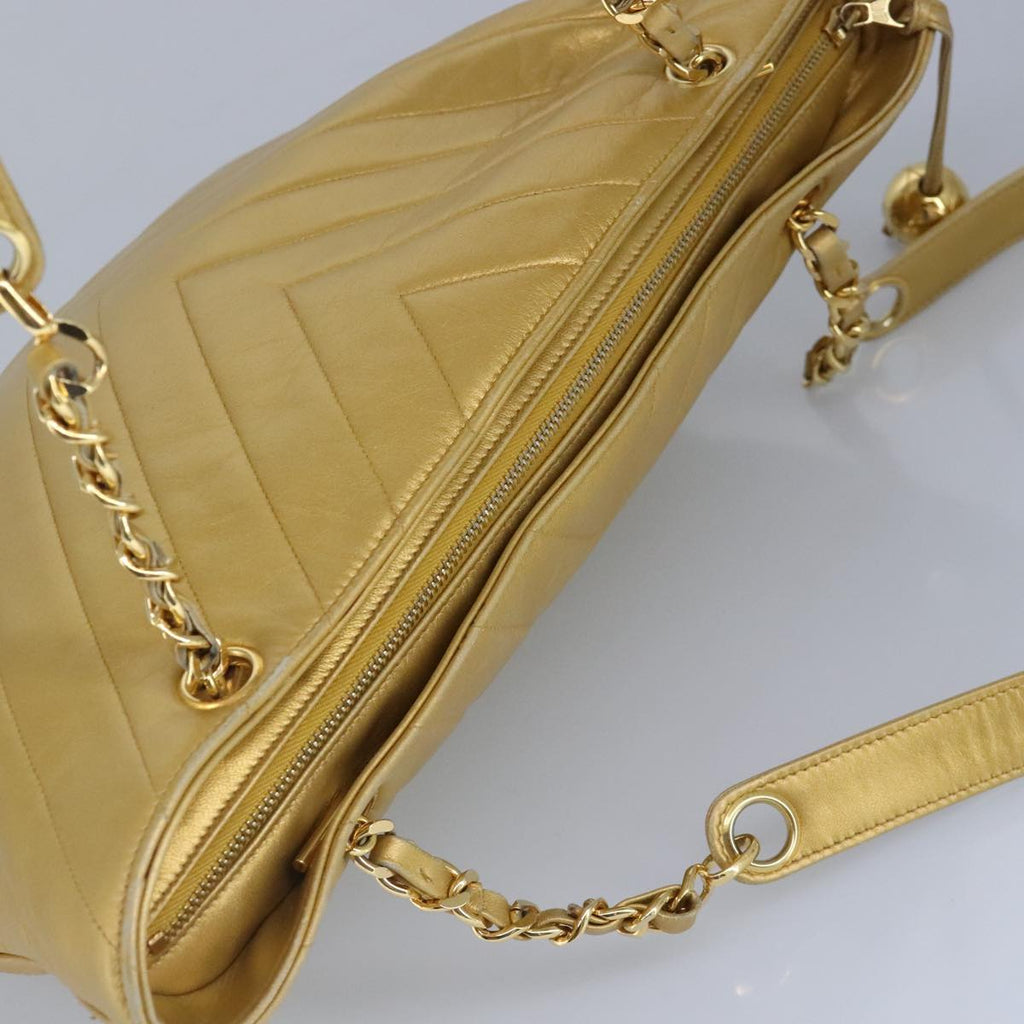 CHANEL V Stitch Chain Tote Bag Lamb Skin Gold Tone CC ep6263