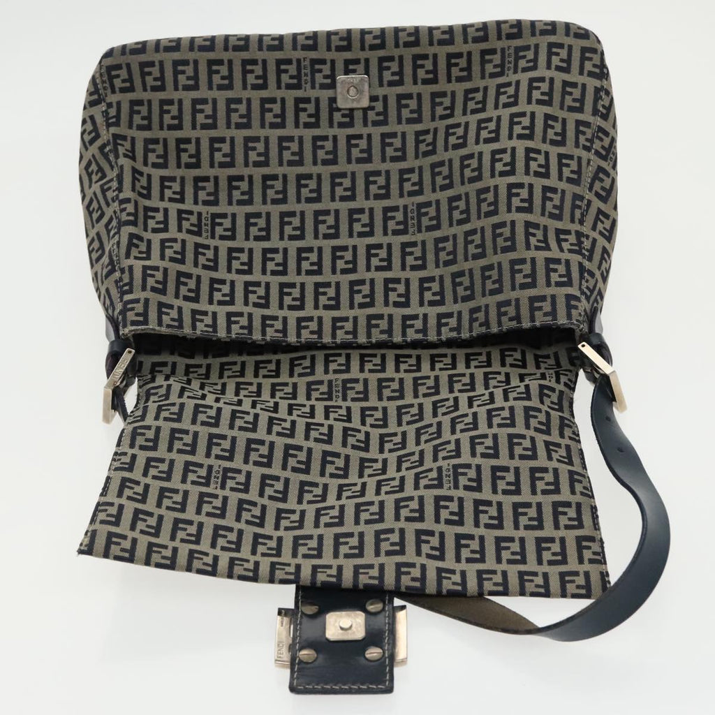 FENDI Zucchino Canvas Mamma Baguette Shoulder Bag Navy Silver ep6302