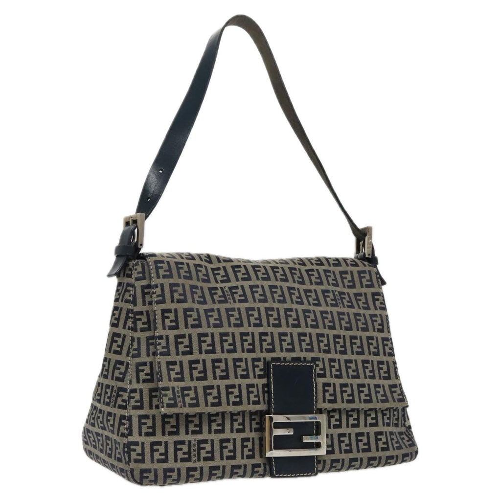 FENDI Zucchino Canvas Mamma Baguette Shoulder Bag Navy Silver ep6302