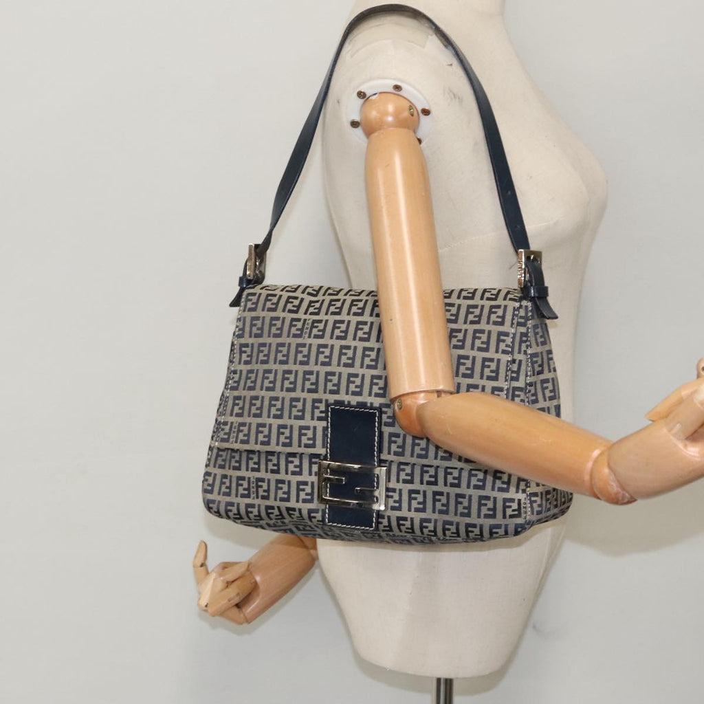 FENDI Zucchino Canvas Mamma Baguette Shoulder Bag Navy Silver ep6302