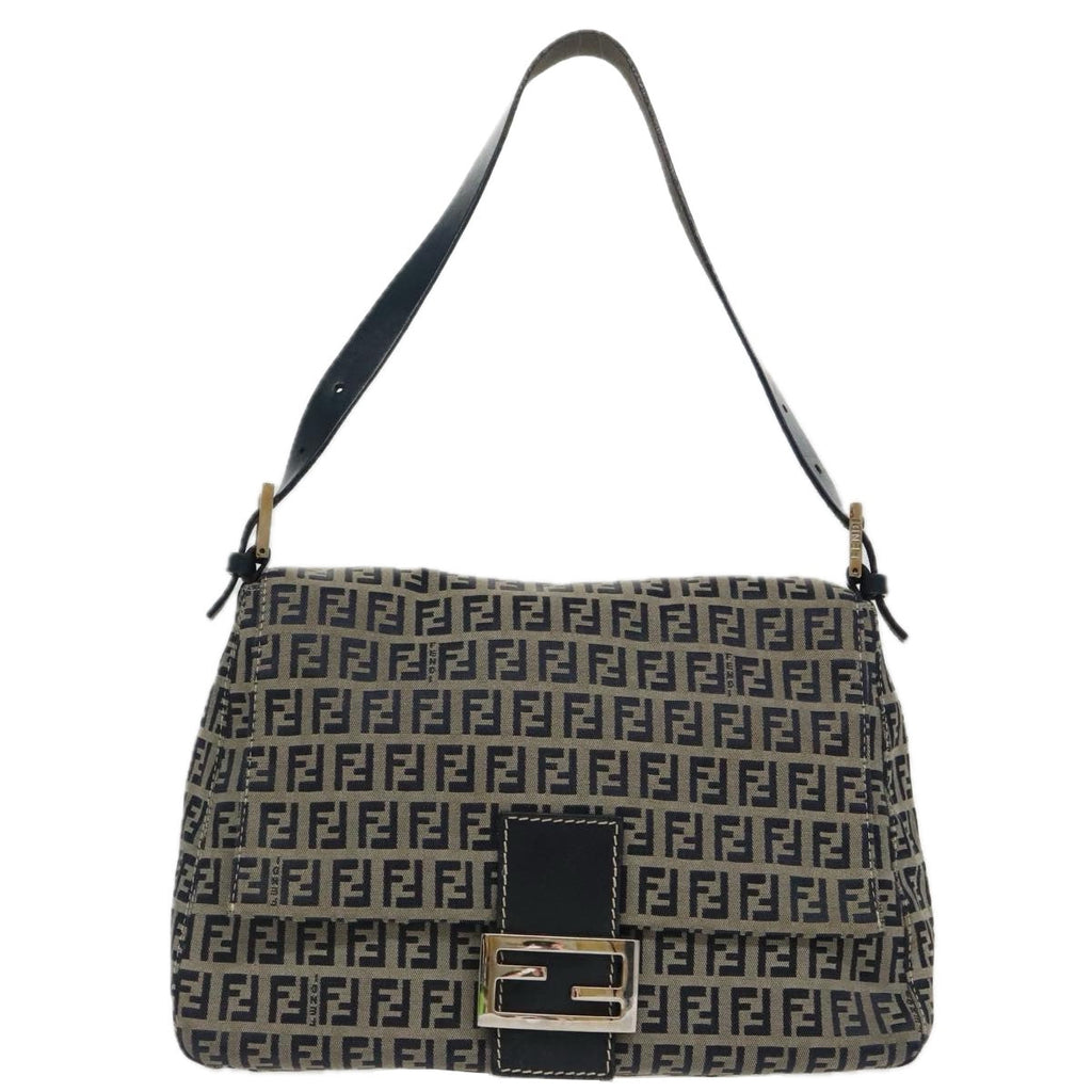 FENDI Zucchino Canvas Mamma Baguette Shoulder Bag Navy Silver ep6302
