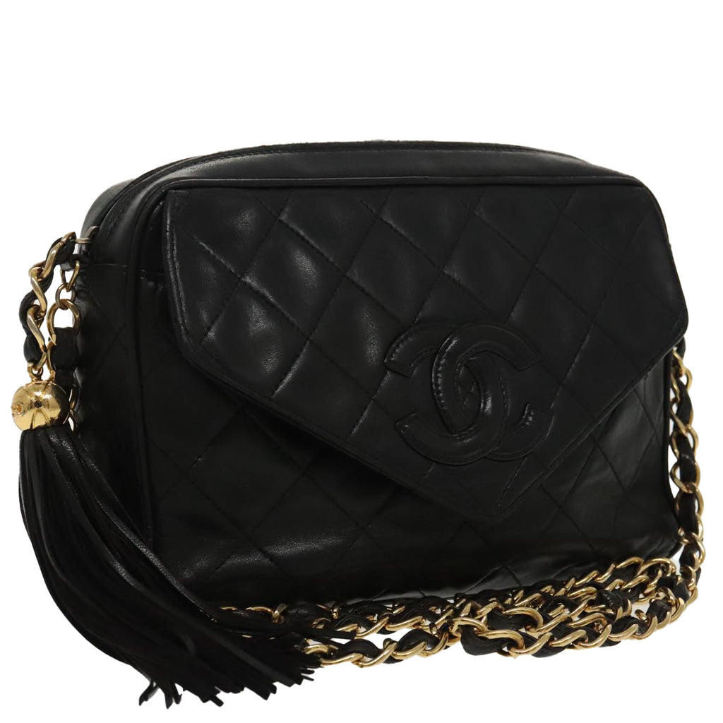 CHANEL Matelasse Chain Shoulder Bag Lamb Skin Black Gold CC ep6305