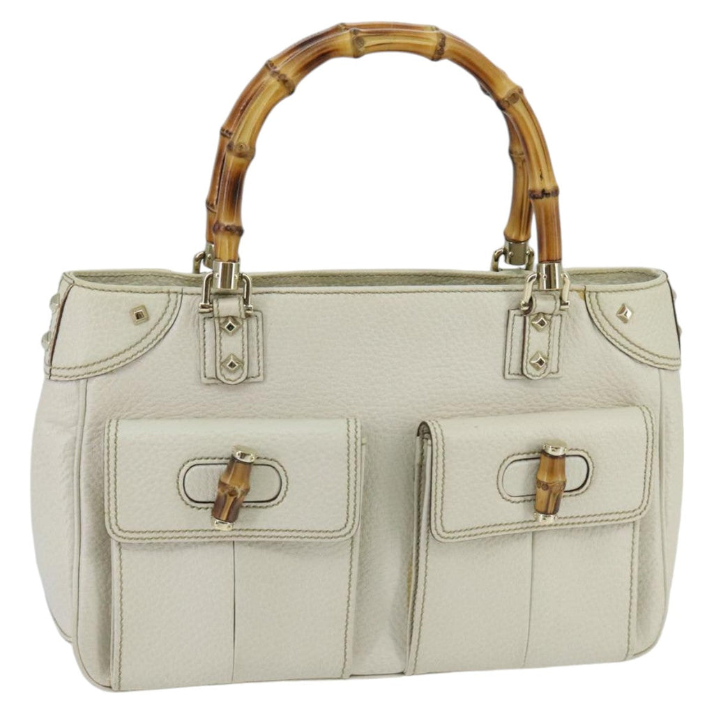 GUCCI Bamboo Hand Bag Leather White Gold 137381 ep6322