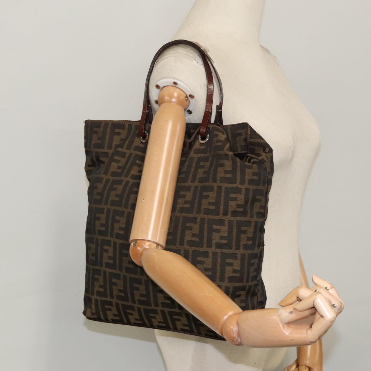 FENDI Zucca Canvas Tote Bag Brown Black Silver ep6371