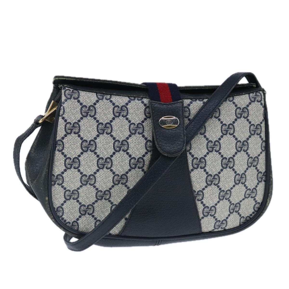GUCCI GG Supreme Sherry Line Shoulder Bag PVC Leather Navy Red ep6531