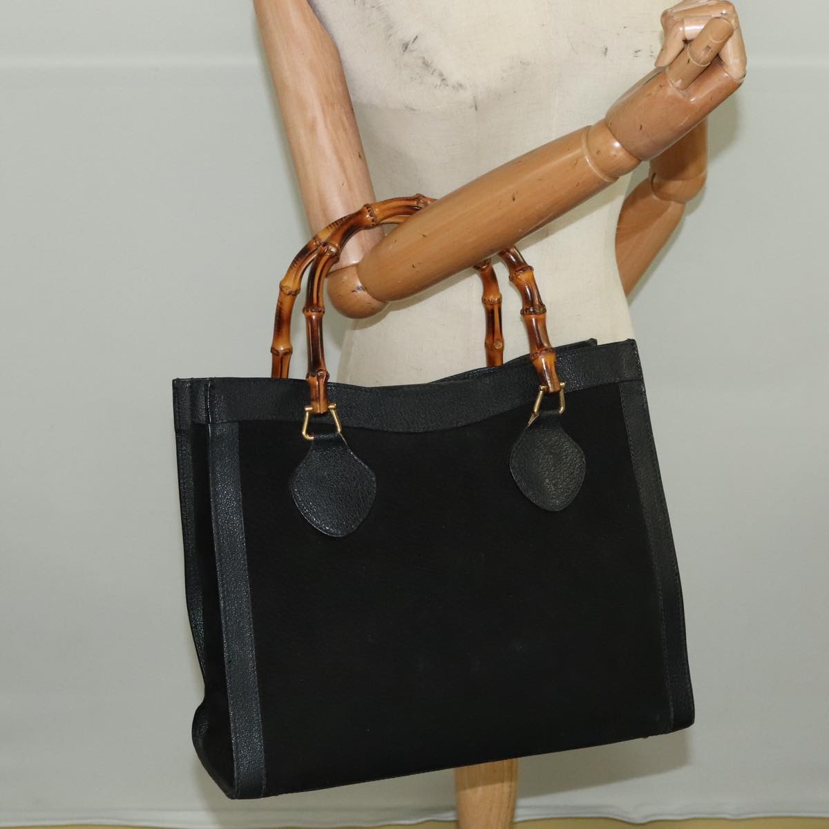 GUCCI Bamboo Hand Bag Suede Leather Gold Black 002 1095 0260 ep6538