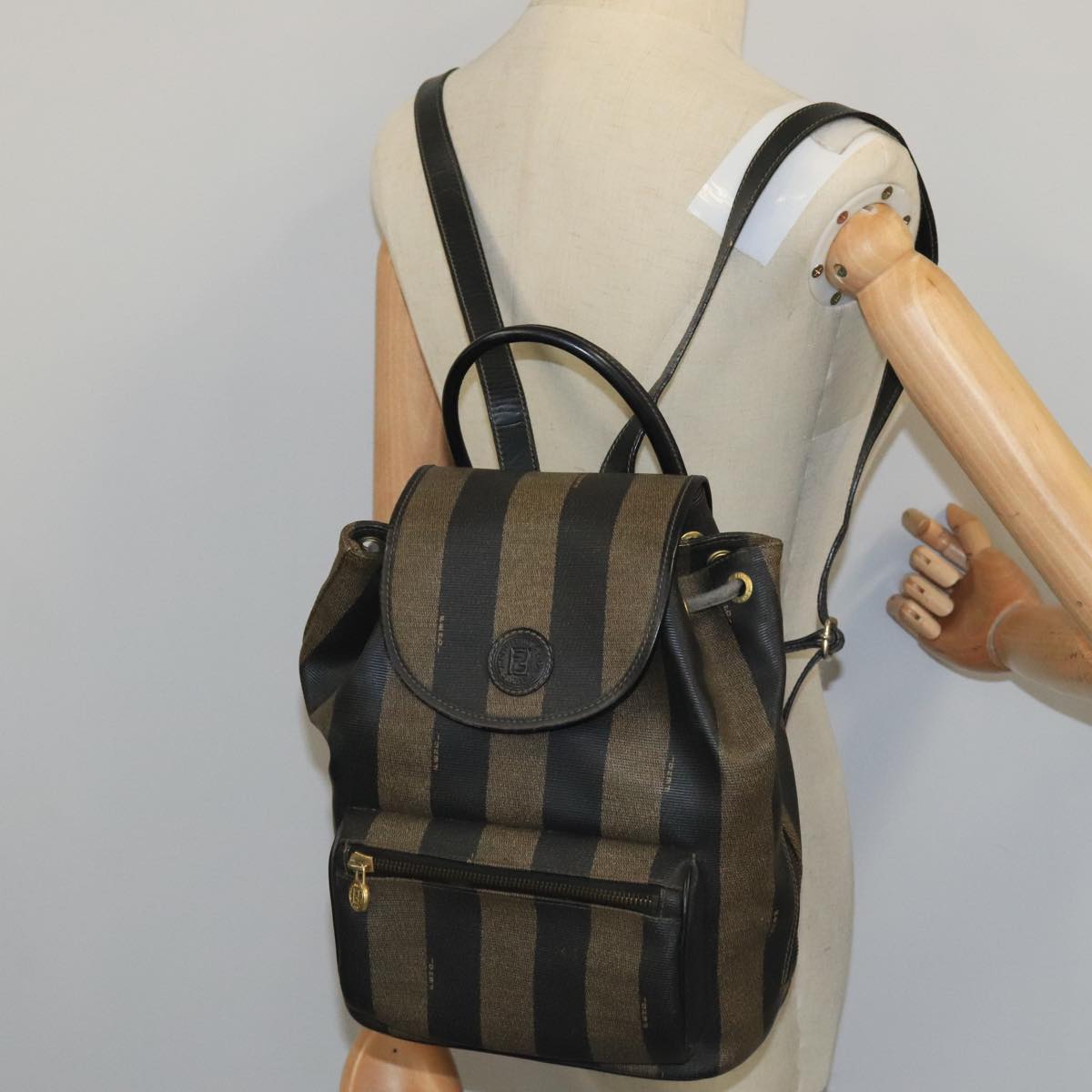 FENDI Pecan Canvas Backpack Brown Black Gold ep6564