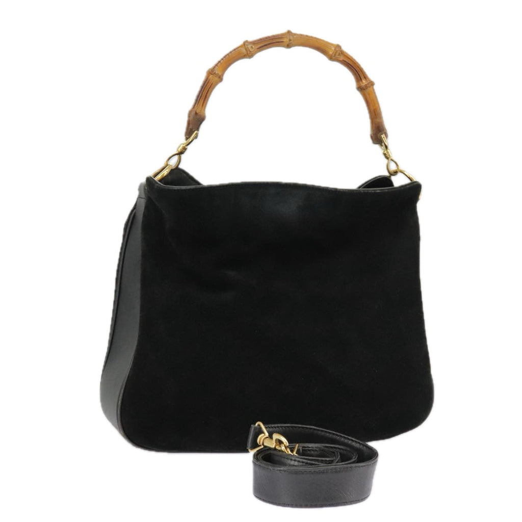 GUCCI Bamboo Hand Bag Suede Leather 2way Black Gold 001 3444 1638 ep6584