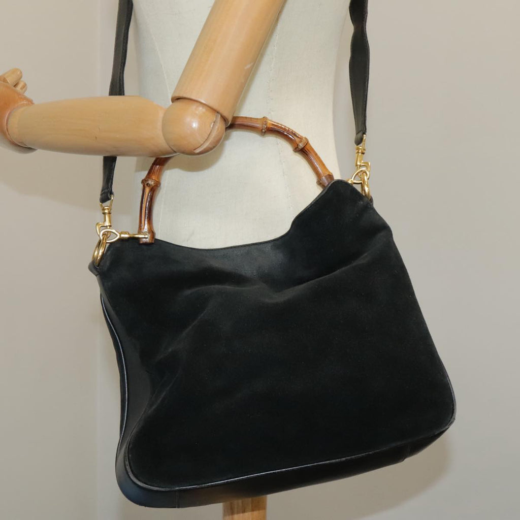 GUCCI Bamboo Hand Bag Suede Leather 2way Black Gold 001 3444 1638 ep6584