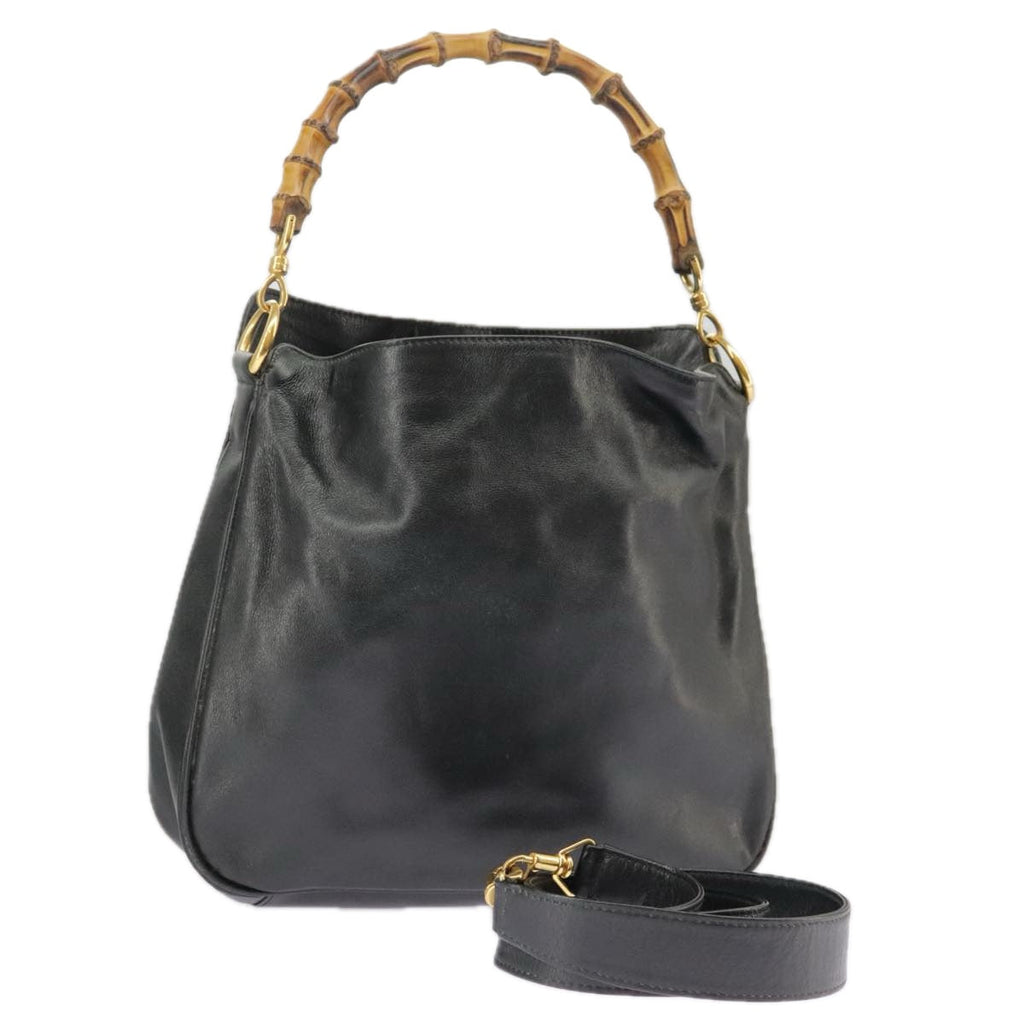 GUCCI Bamboo Hand Bag Leather 2way Black Gold 000 1448 1638 ep6587