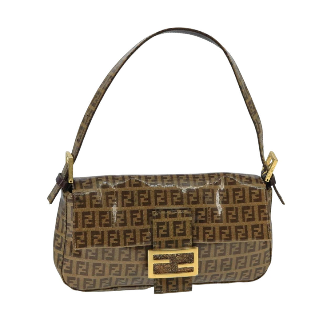 FENDI Zucchino Canvas Mamma Baguette Shoulder Bag Enamel Brown Gold ep6615