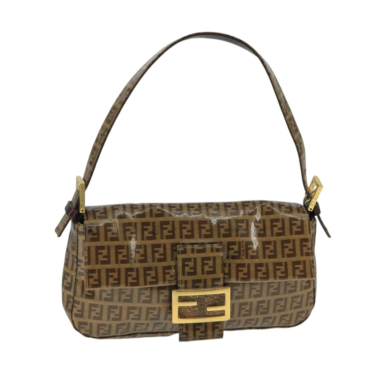 FENDI Zucchino Canvas Mamma Baguette Shoulder Bag Enamel Brown Gold ep6615
