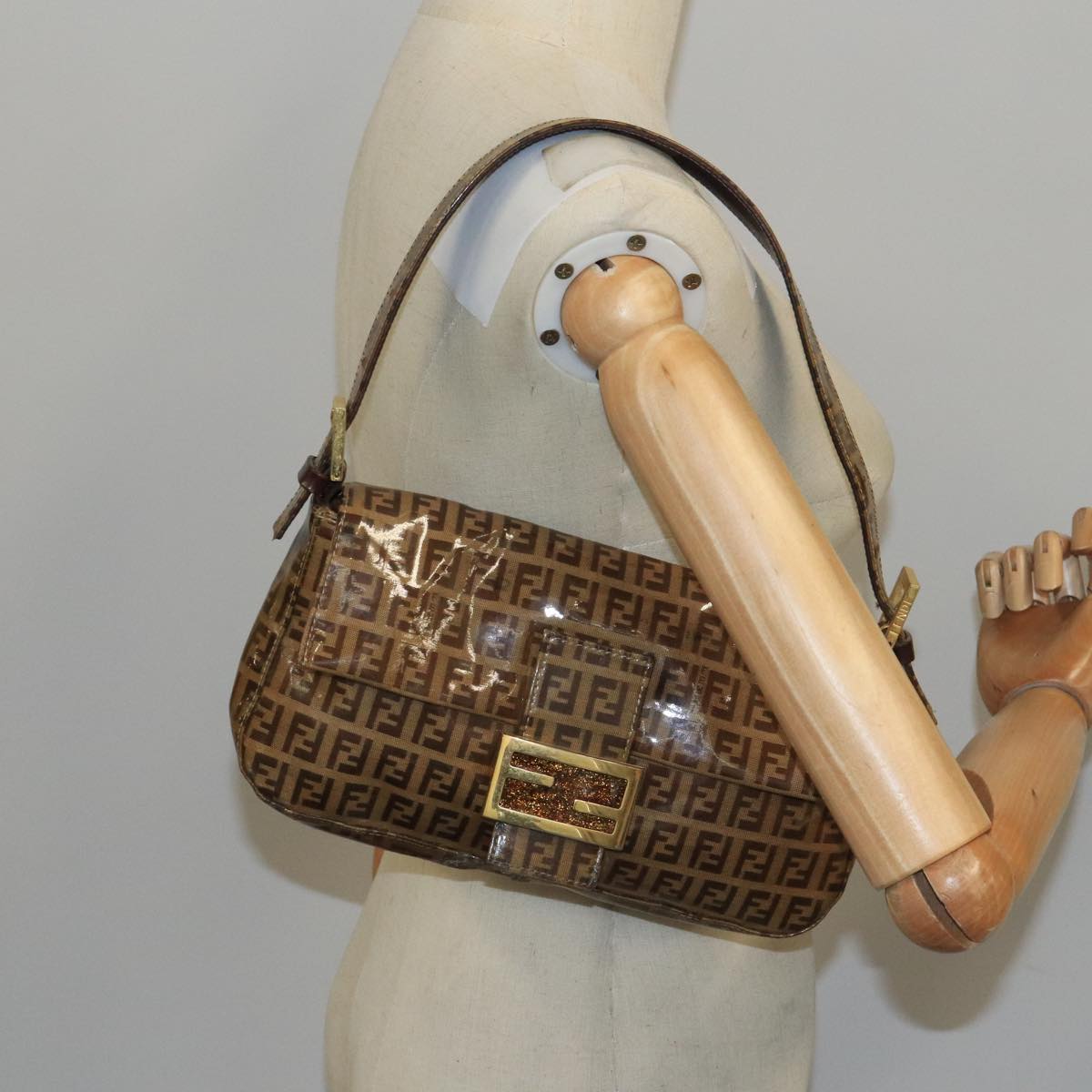 FENDI Zucchino Canvas Mamma Baguette Shoulder Bag Enamel Brown Gold ep6615