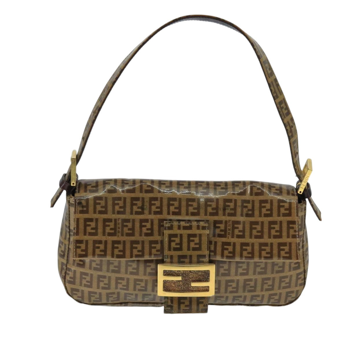 FENDI Zucchino Canvas Mamma Baguette Shoulder Bag Enamel Brown Gold ep6615