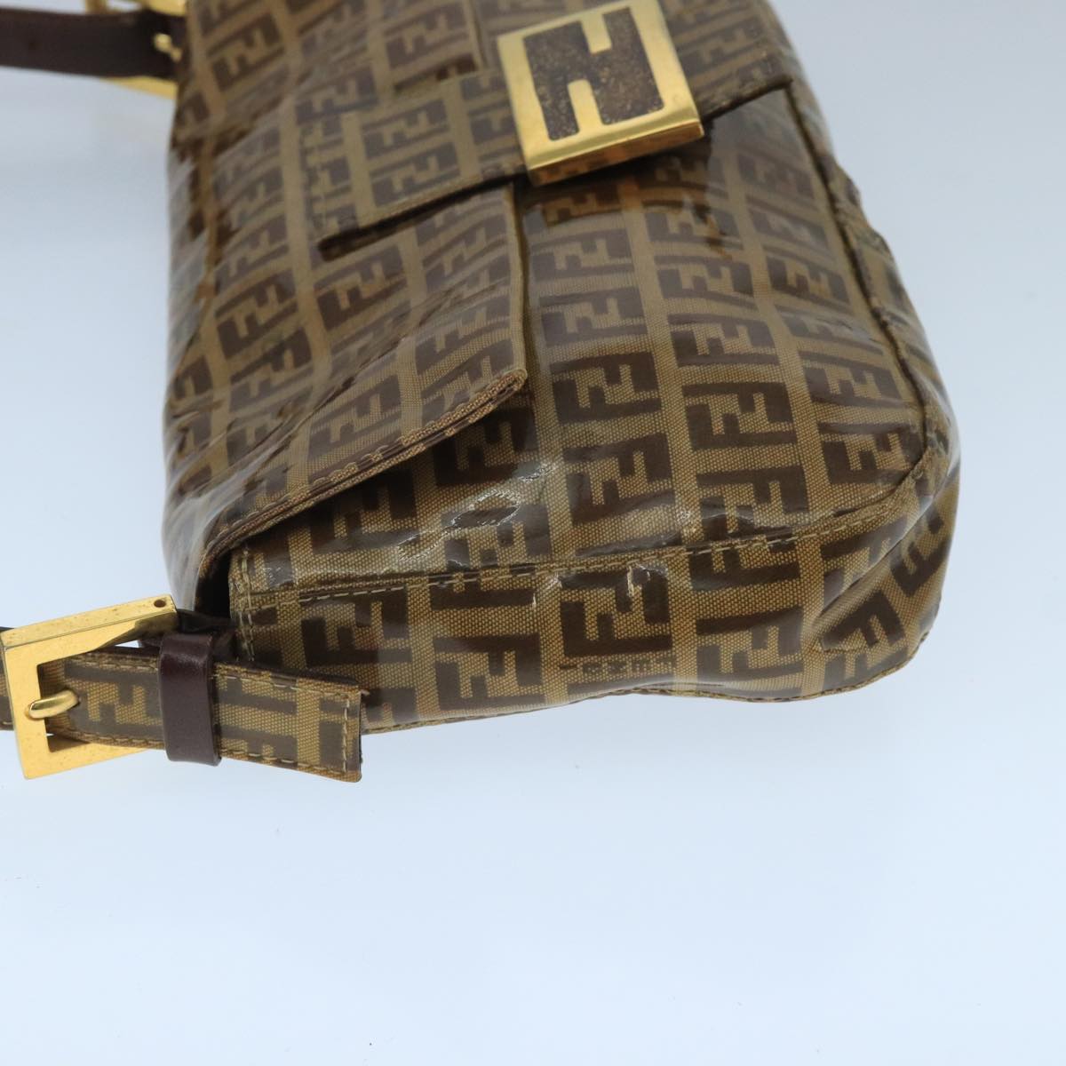 FENDI Zucchino Canvas Mamma Baguette Shoulder Bag Enamel Brown Gold ep6615