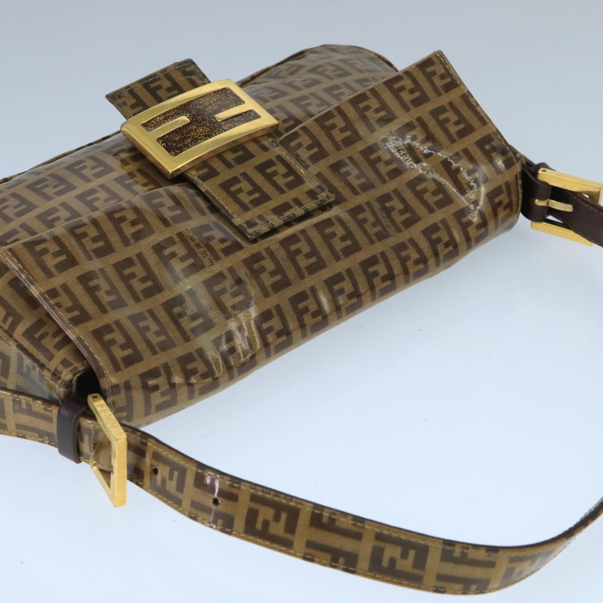FENDI Zucchino Canvas Mamma Baguette Shoulder Bag Enamel Brown Gold ep6615