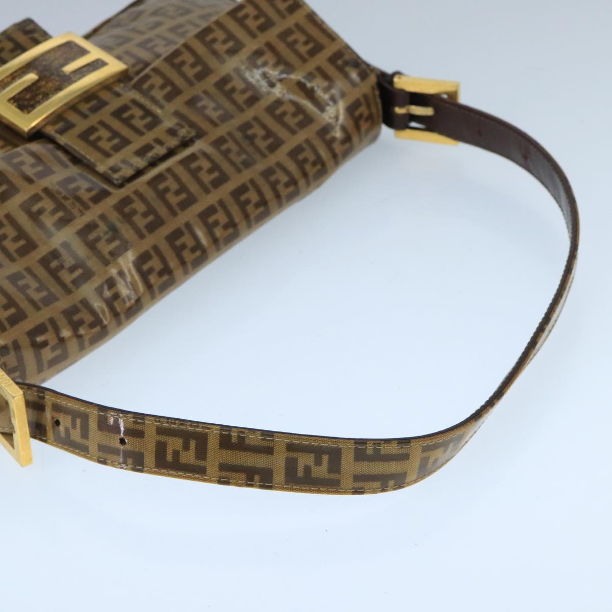 FENDI Zucchino Canvas Mamma Baguette Shoulder Bag Enamel Brown Gold ep6615