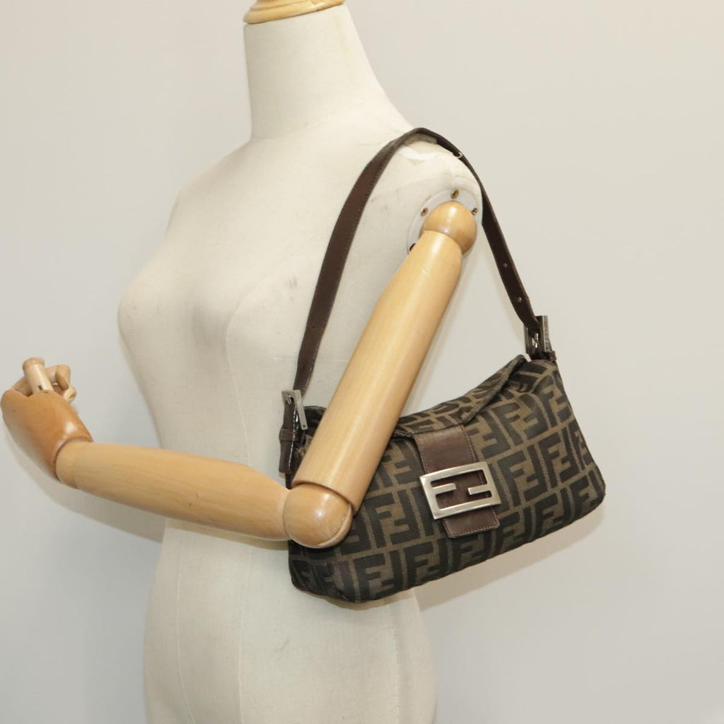 FENDI Zucca Canvas Mamma Baguette Shoulder Bag Brown Black Silver ep6627