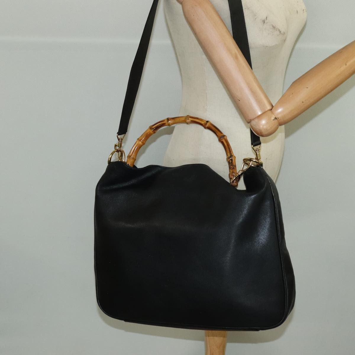 GUCCI Bamboo Hand Bag Leather 2way Black Gold 001 1577 3444 ep6643