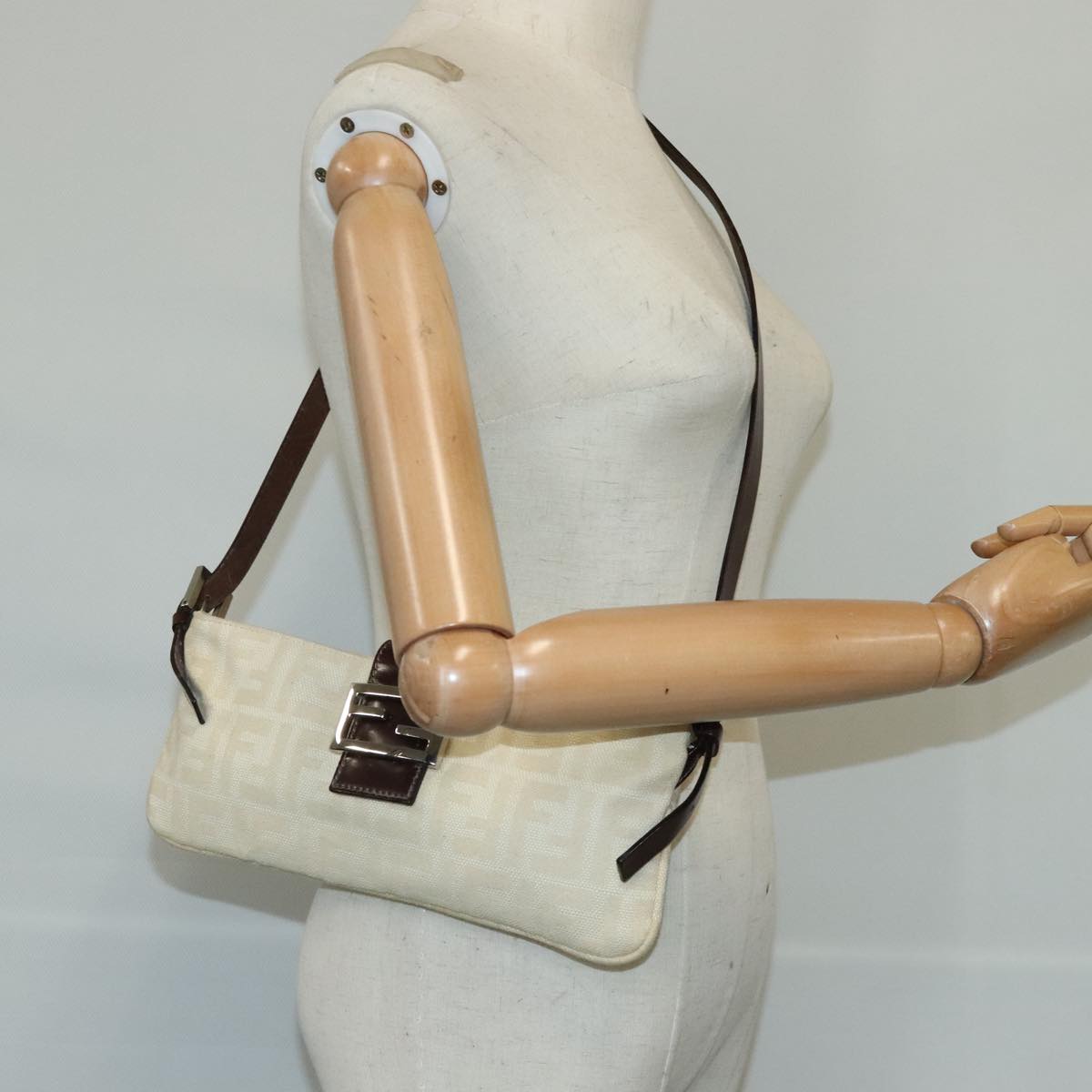 FENDI Zucca Canvas Shoulder Bag Beige Silver ep6651