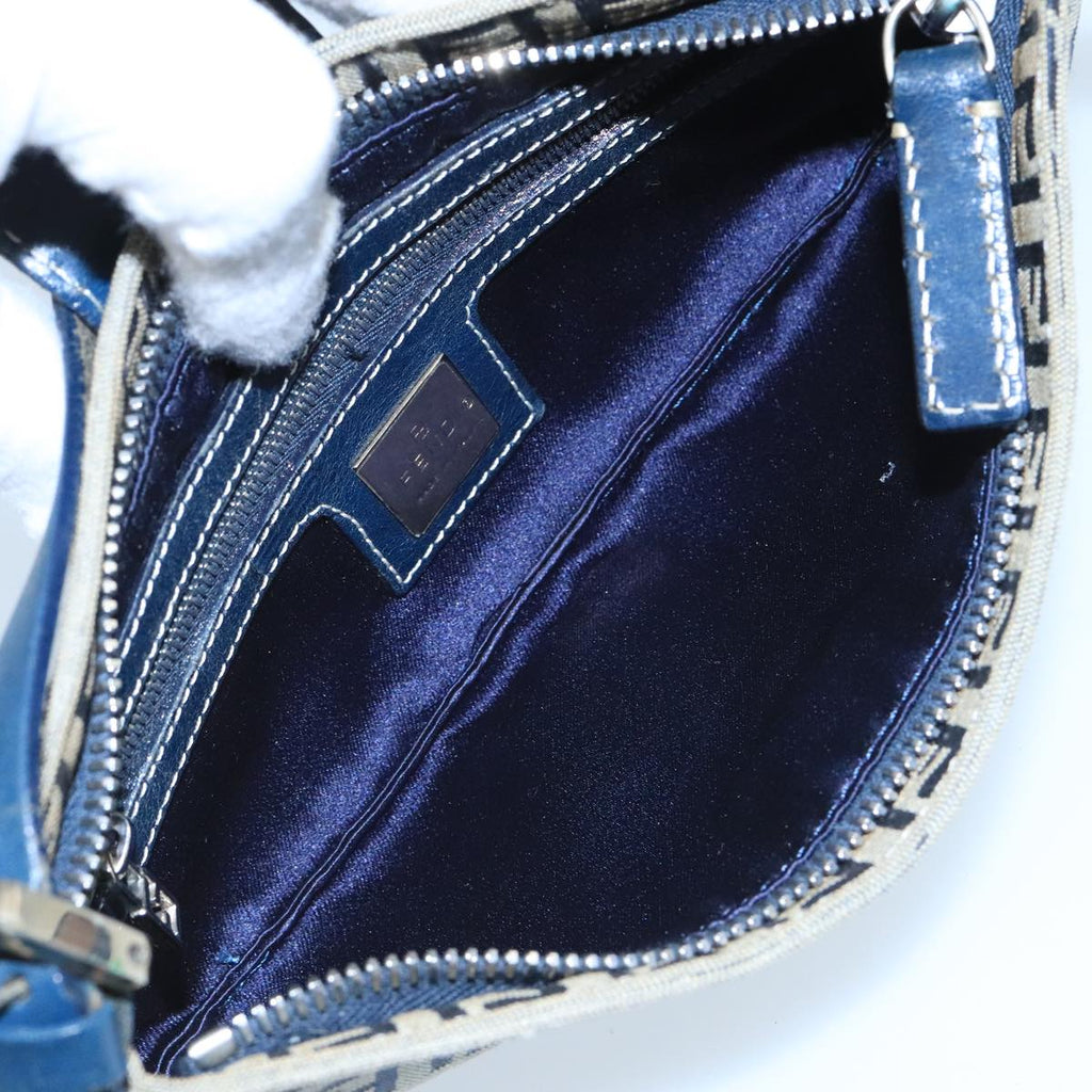 FENDI Zucchino Canvas Mamma Baguette Shoulder Bag Navy Silver ep6828