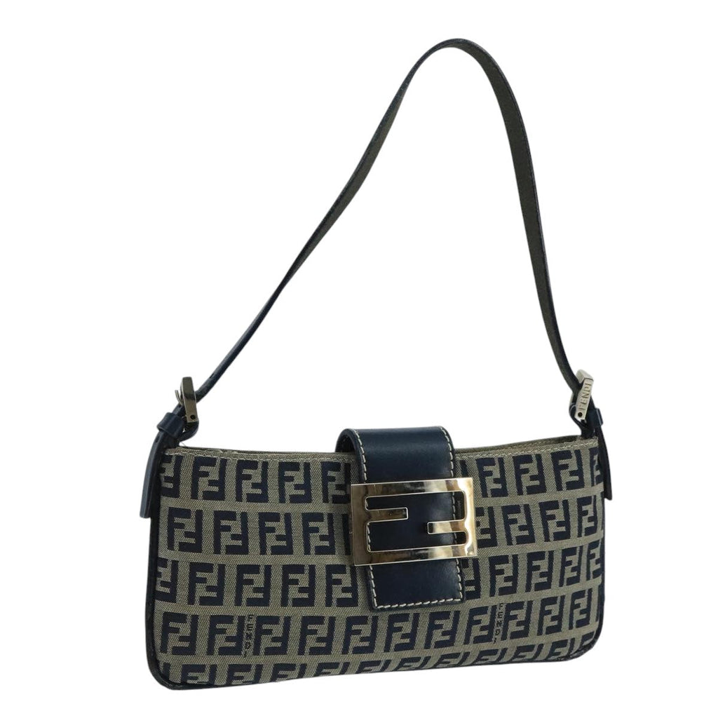 FENDI Zucchino Canvas Mamma Baguette Shoulder Bag Navy Silver ep6828