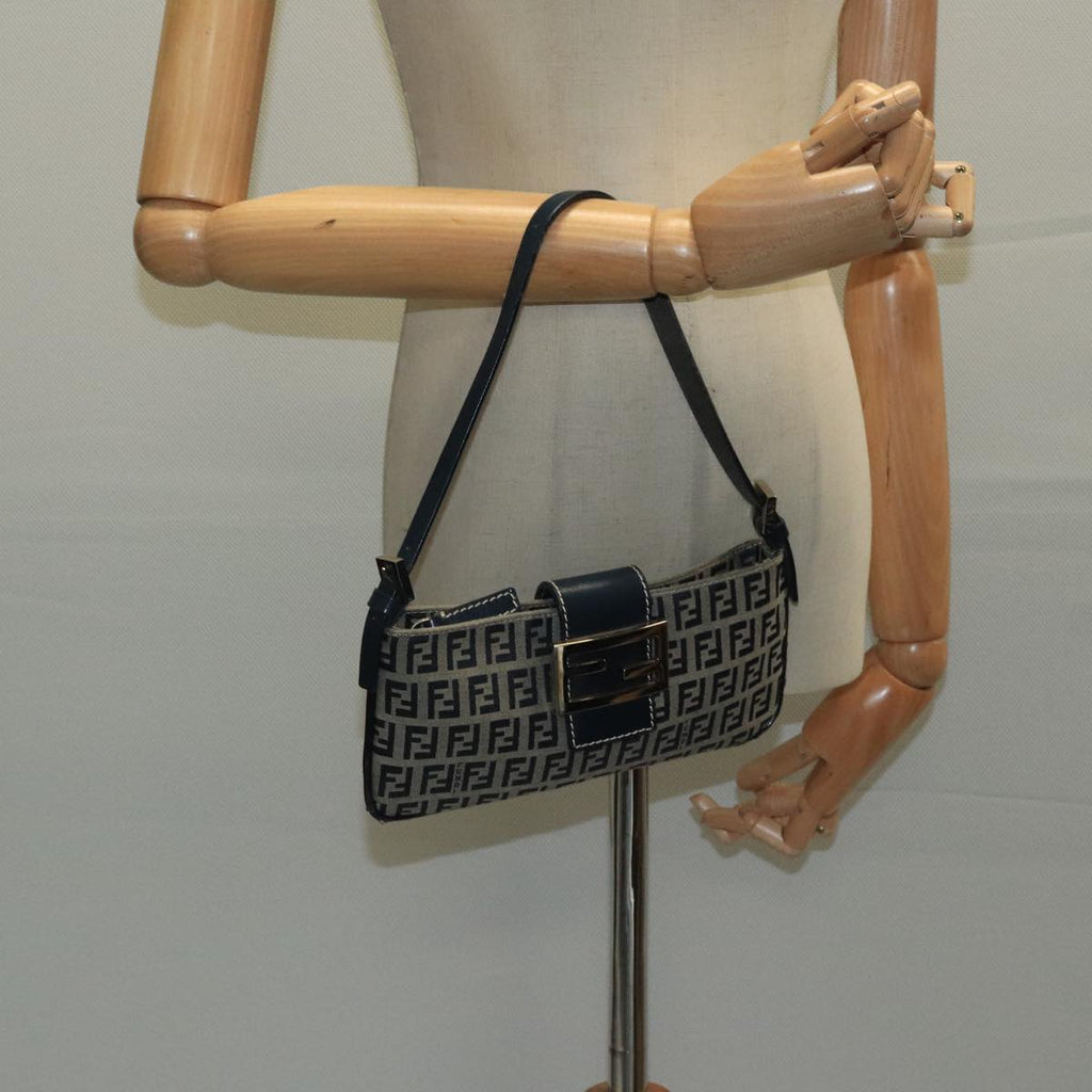 FENDI Zucchino Canvas Mamma Baguette Shoulder Bag Navy Silver ep6828