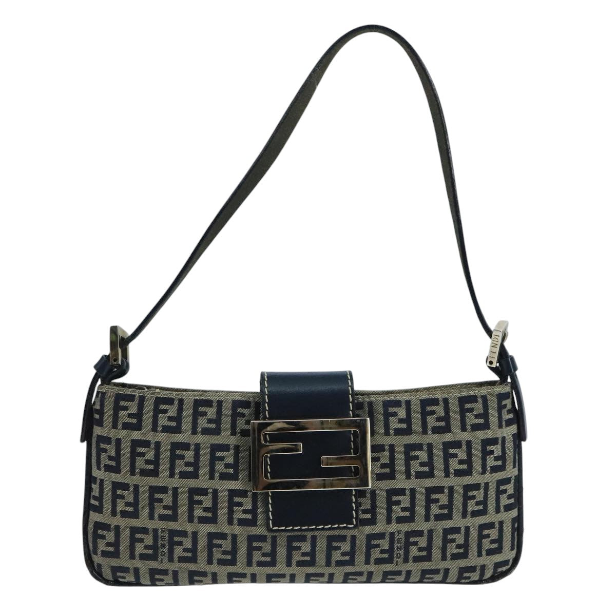 FENDI Zucchino Canvas Mamma Baguette Shoulder Bag Navy Silver ep6828