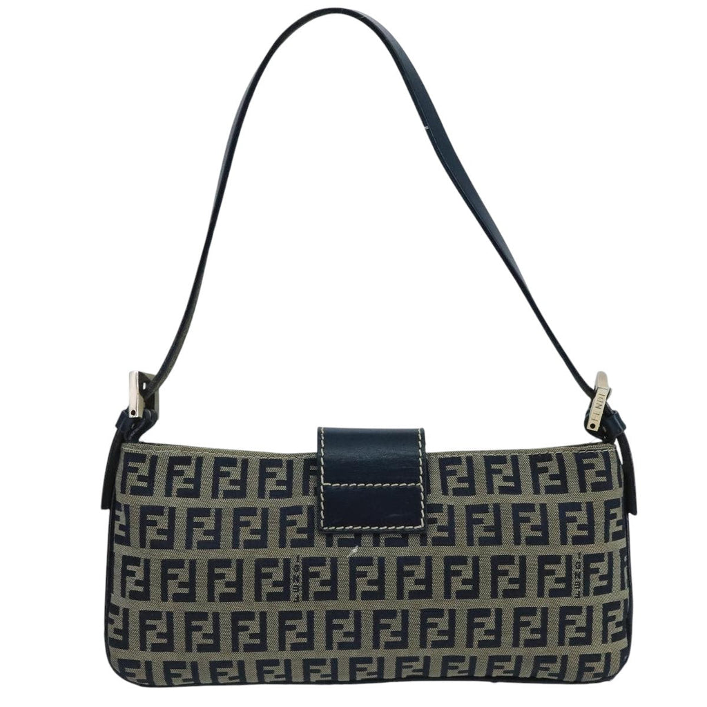 FENDI Zucchino Canvas Mamma Baguette Shoulder Bag Navy Silver ep6828