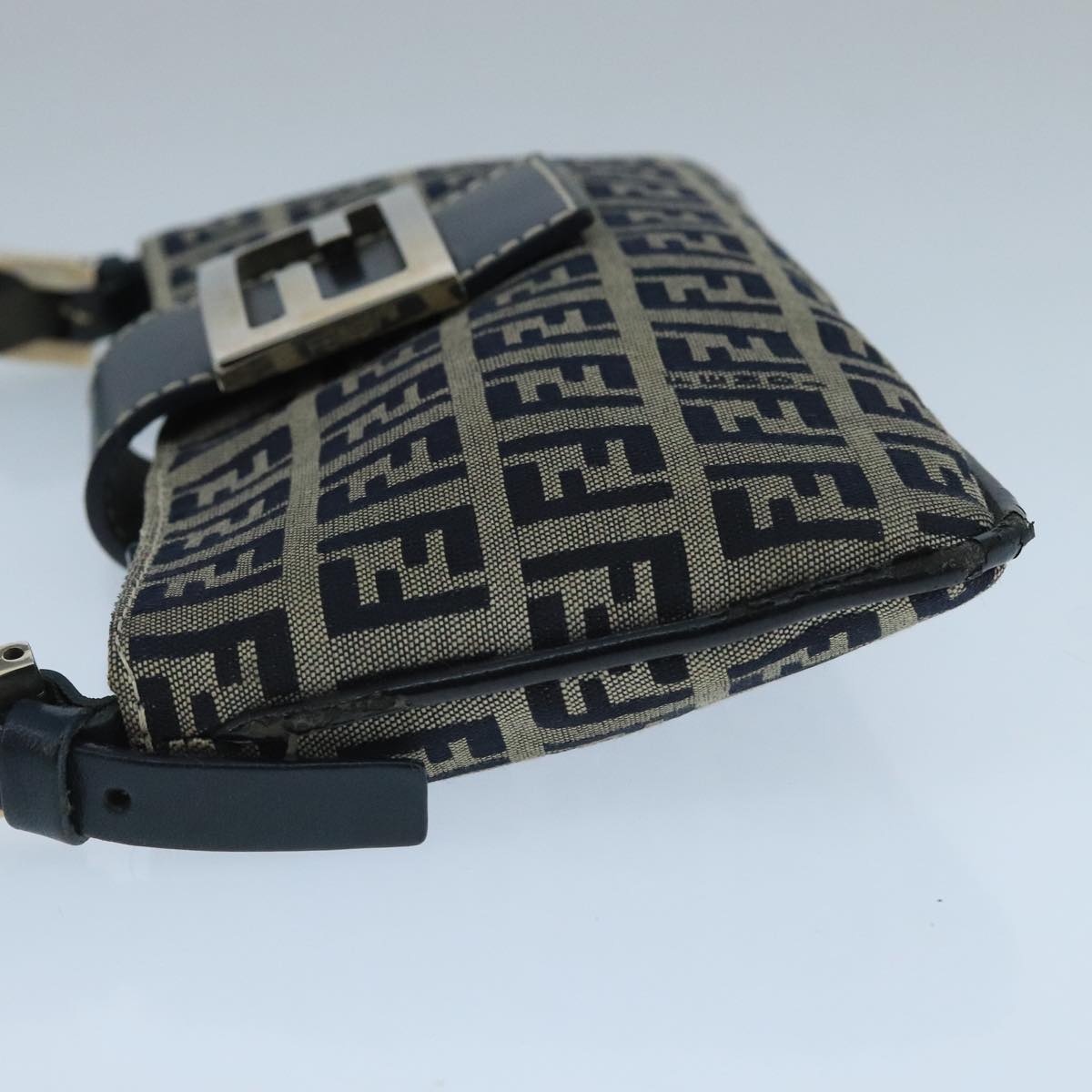 FENDI Zucchino Canvas Mamma Baguette Shoulder Bag Navy Silver ep6828