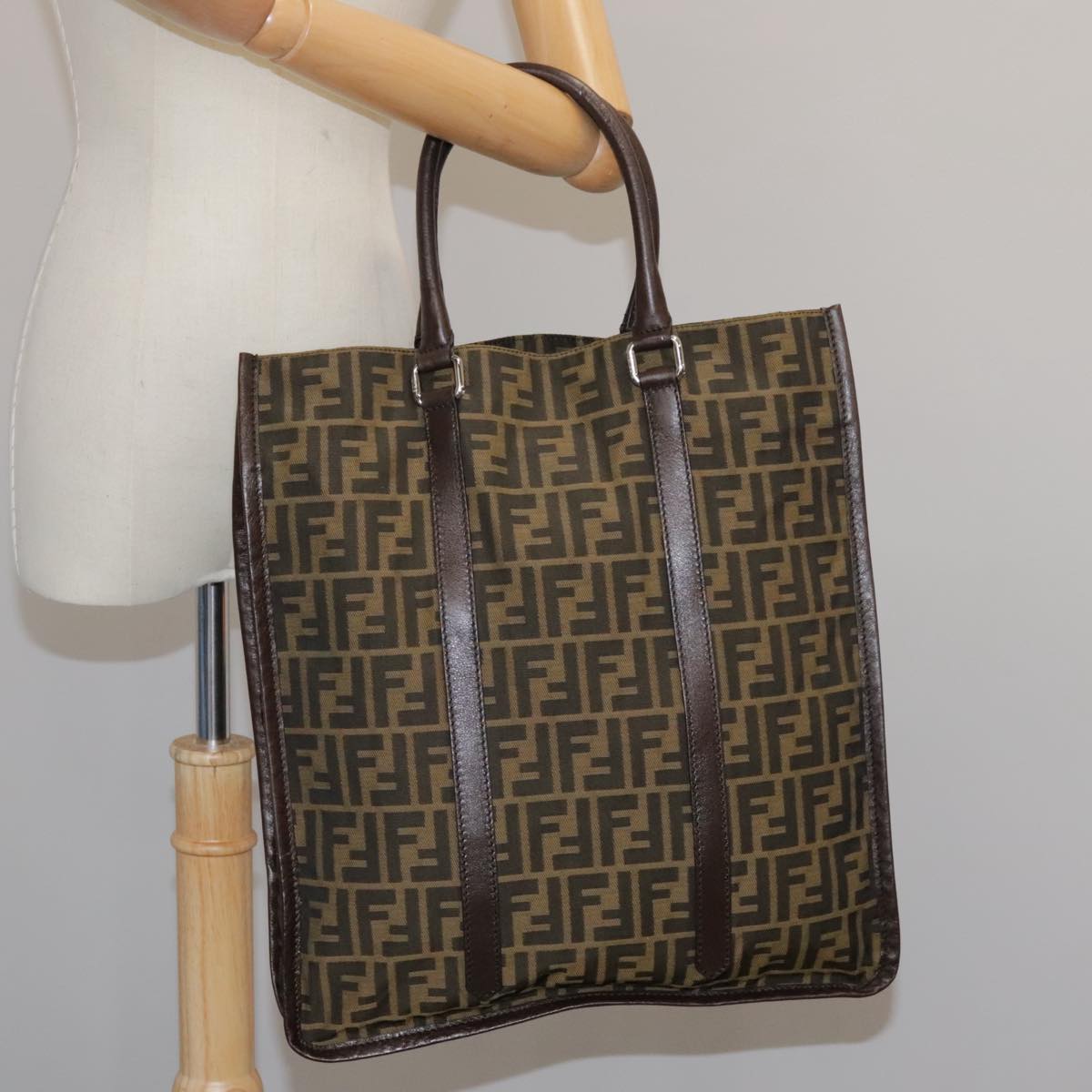 FENDI Zucca Canvas Tote Bag Brown Black Silver ep6861