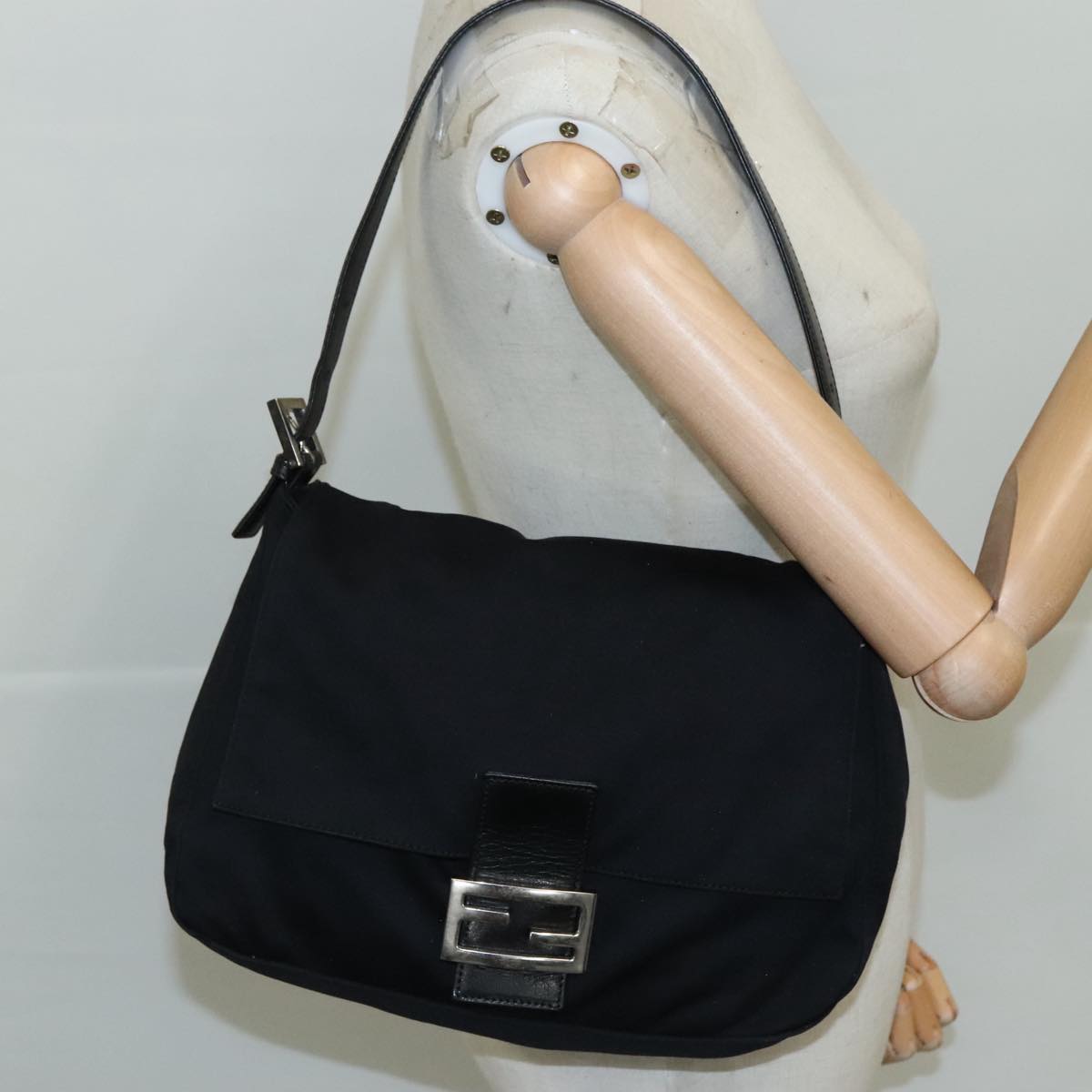 FENDI Mamma Baguette Shoulder Bag Nylon Black Silver ep7119