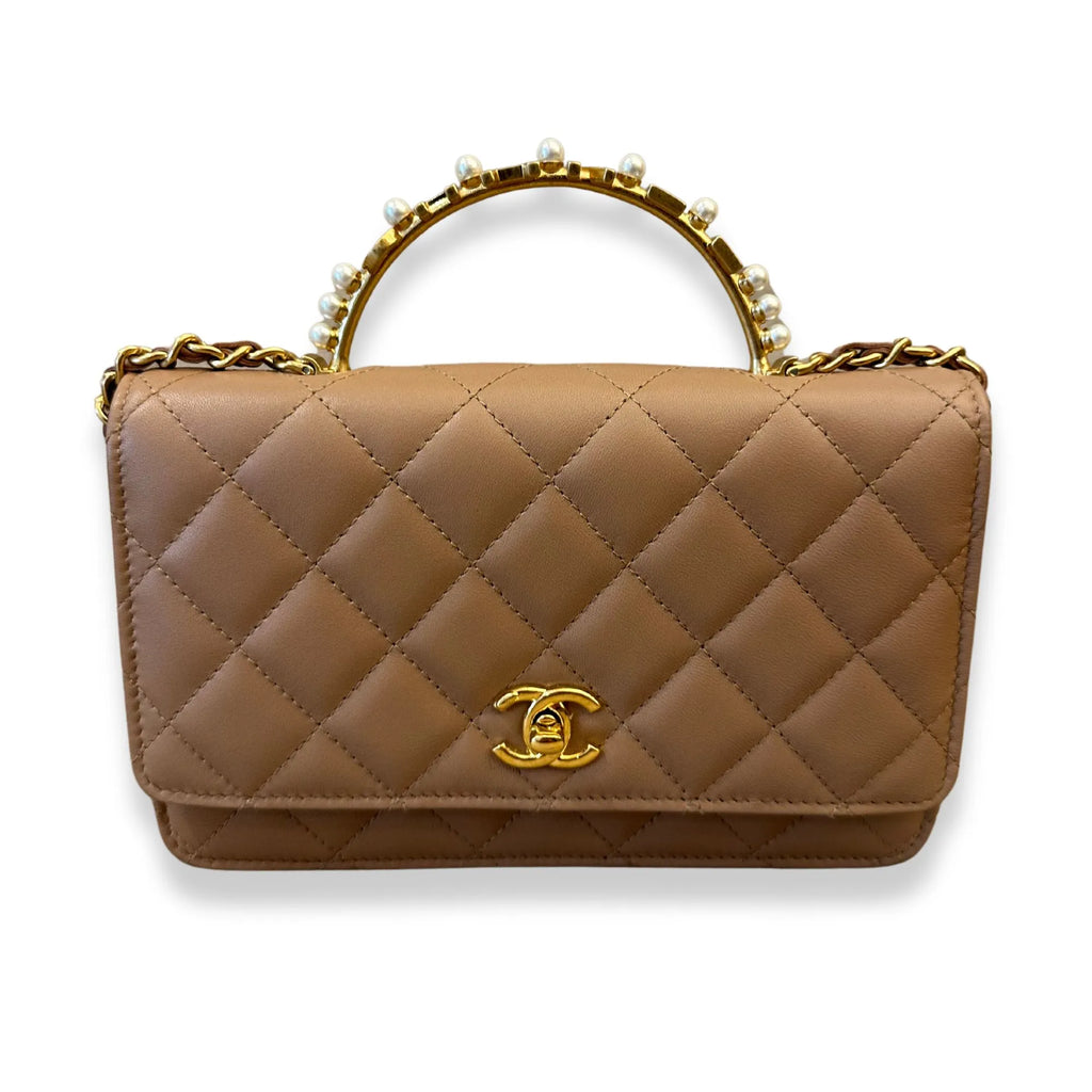 CHANEL BEIGE TOP HANDLE WITH PEARLS BAG