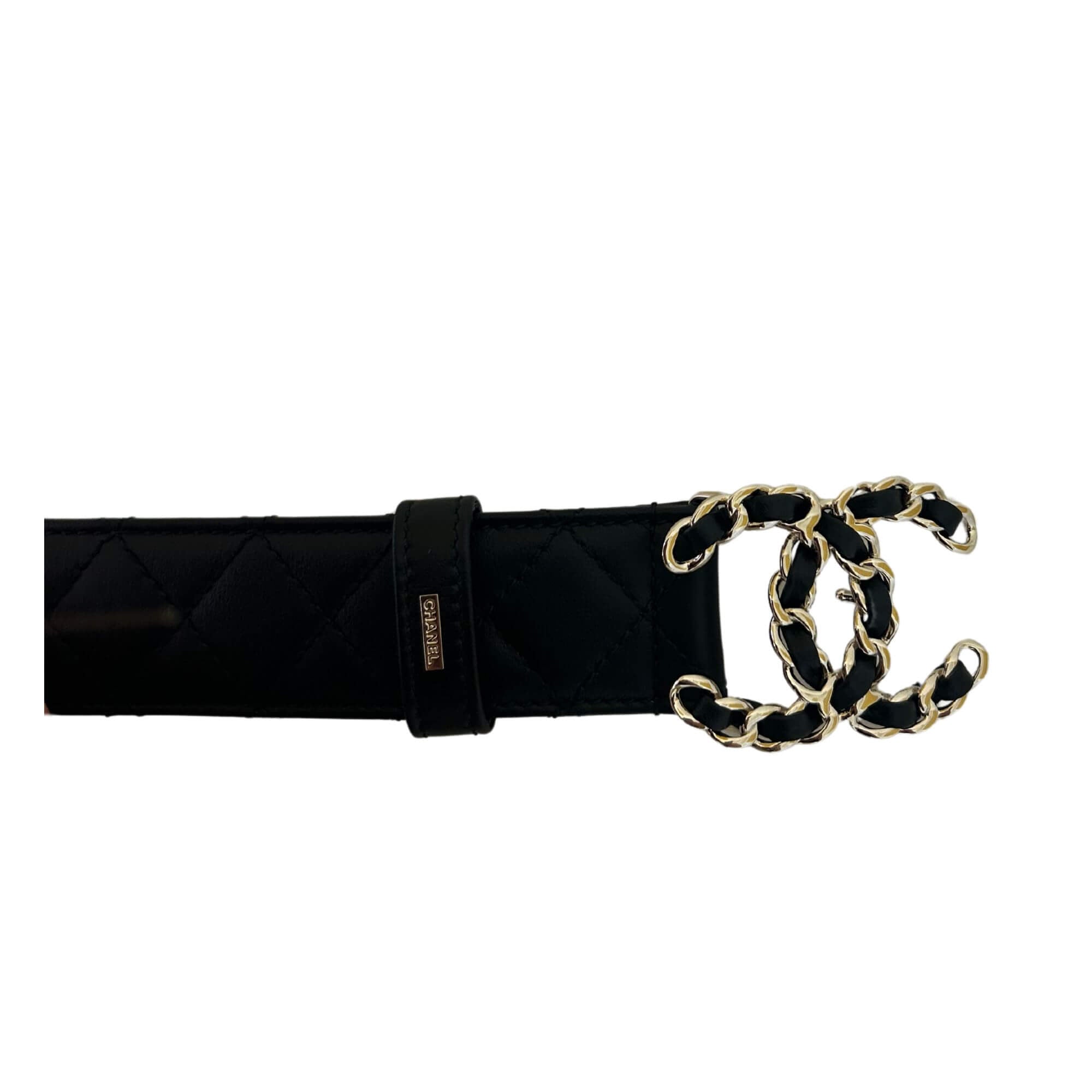 CHANEL BLACK LEATHER CC CHAIN BELT
