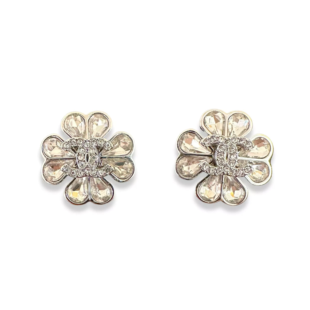 CHANEL SILVER CC CRYSTAL FLOWER EARRINGS